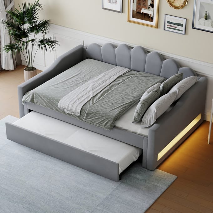 MODFU - Bedframe 140x200 cm – Grijs linnen met uitschuifbed & LED – Daybed