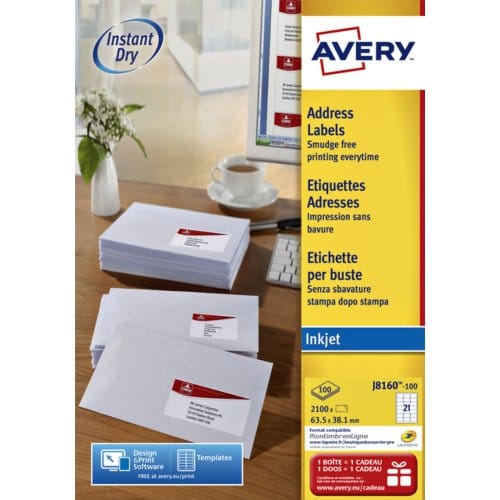Etiket avery j8160-100 63.5x38.1mm wit 2100 Etiketten