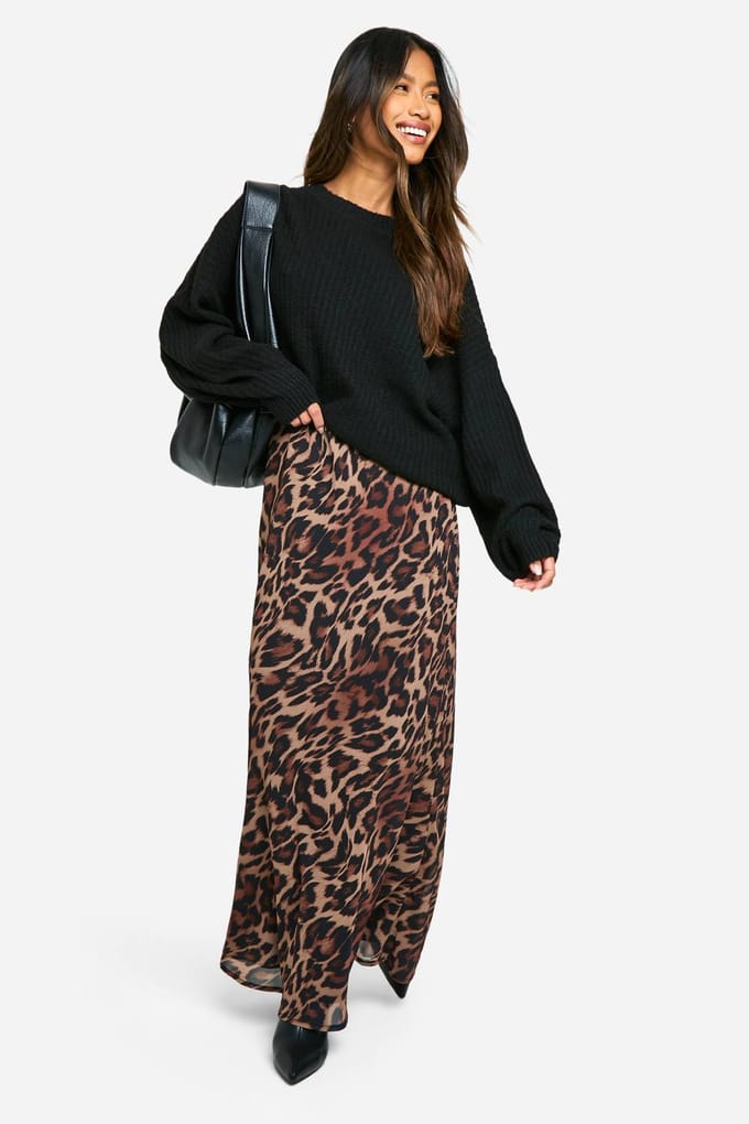 boohoo Dames Leopard Chiffon Maxi Rok | Bruin | Maat: 42