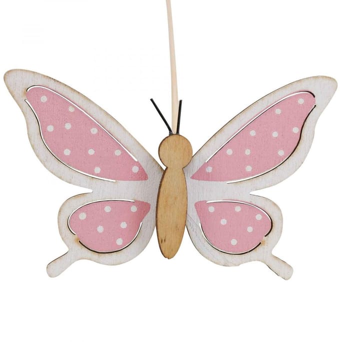 Roze vlinder deco sticks hout 7,5cm 28cm 12st, 12 Stück