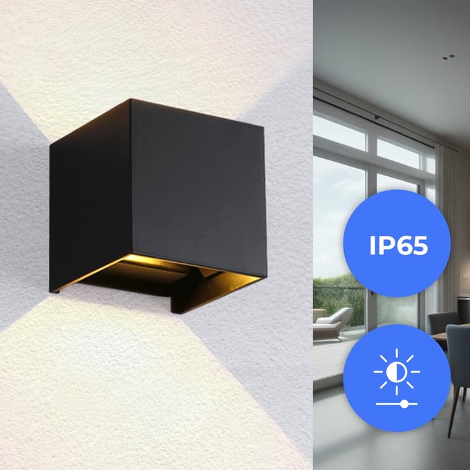 Qube Dimbaar Wandlamp LED 6Watt ZWART 230Volt IP65