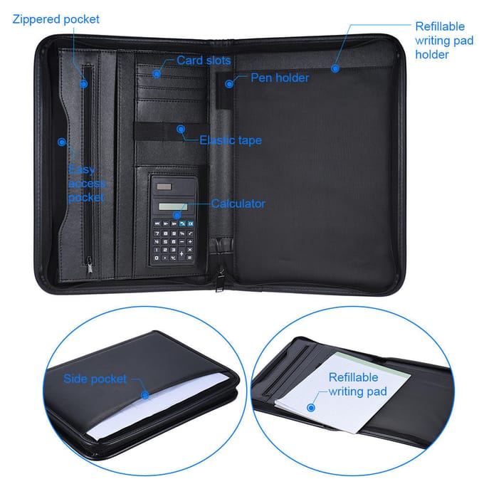 Organisateur de documents multifonctionnel à fermeture éclair, en cuir PU A4 avec bloc-notes black