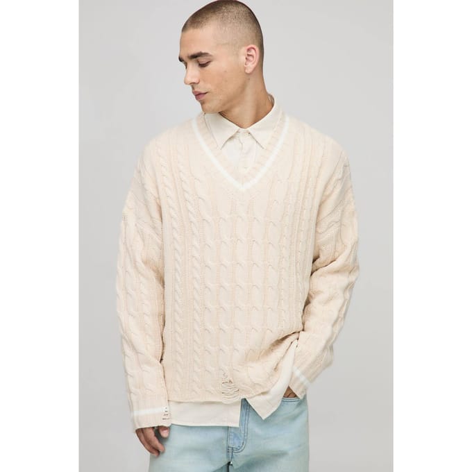 Boxy V Neck Cable Distressed Cricket Knitted Jumper | Ecru | Size Medium