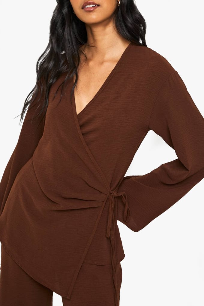 boohoo Dames Geweven Wikkeltop & Broek Set | Chocoladebruin | Maat: 36