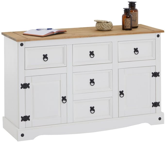 CAMPO-dressoir van massief hout met 5 lades en 2 deuren - Wit