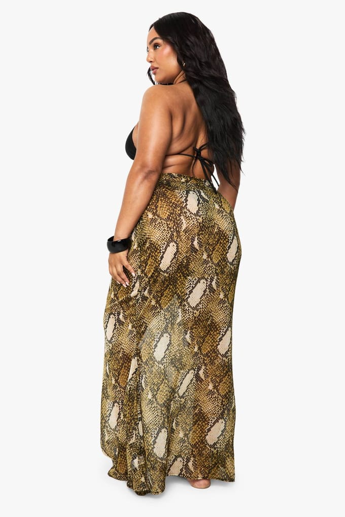 boohoo Dames Plus Beachwear Essentials Snake Print Maxi-rok | Bruin | Maat: 20/22