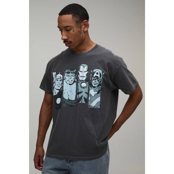 Oversized Gewassen Avengers Print T-shirt | Washed Charcoal | Size Medium