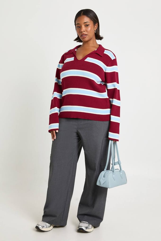 boohoo Dames Plus met kraag compacte gebreide rugbytrui | Bordeaux Rood | Maat: 44-46