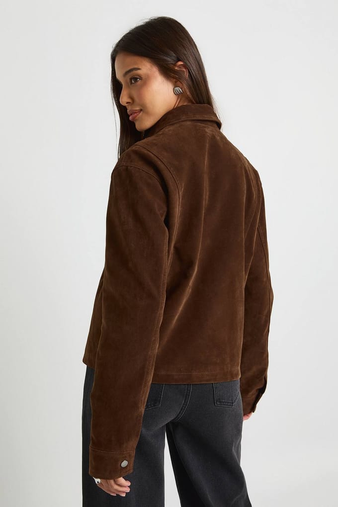 boohoo Dames Namaaksuede jasje met kraag | Chocolate | Maat: 14