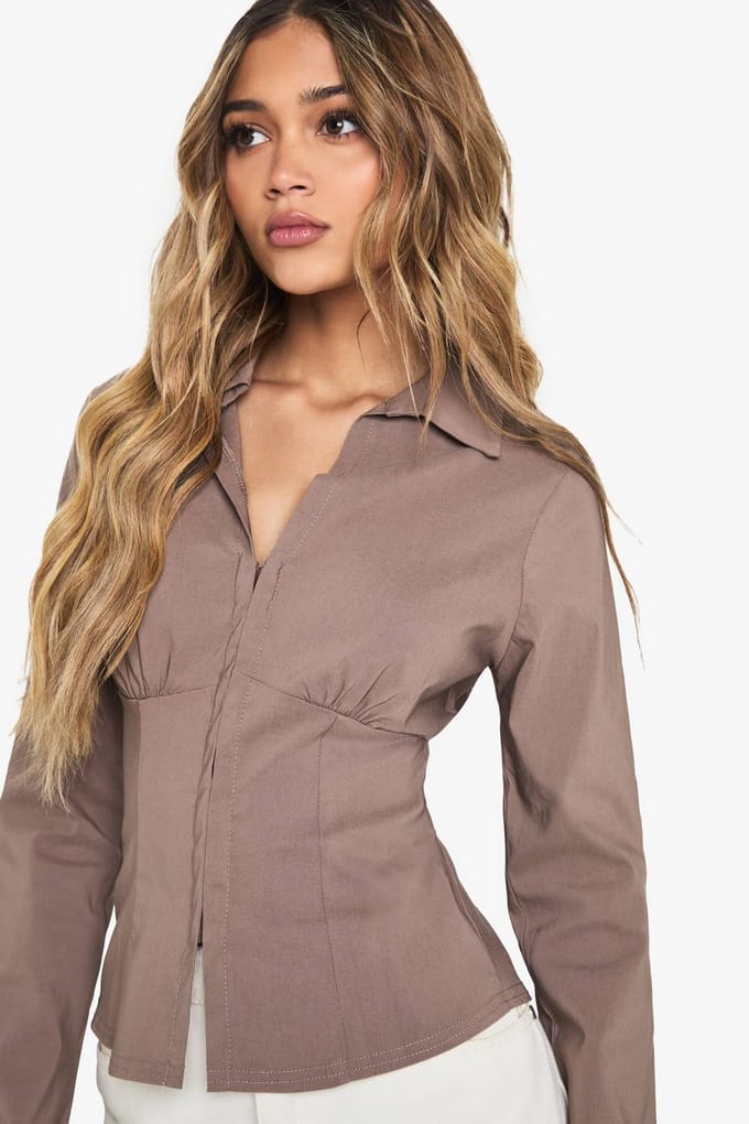 boohoo Dames Bengaline top met kraag en haak-en-oogsluiting | Mocha | Maat: 16