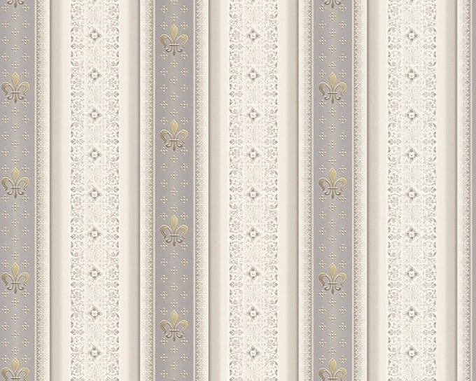 FRANSE LELIE MET KLASSIEKE STREEP BEHANG - Creme Grijs - AS Creation Hermitage 10