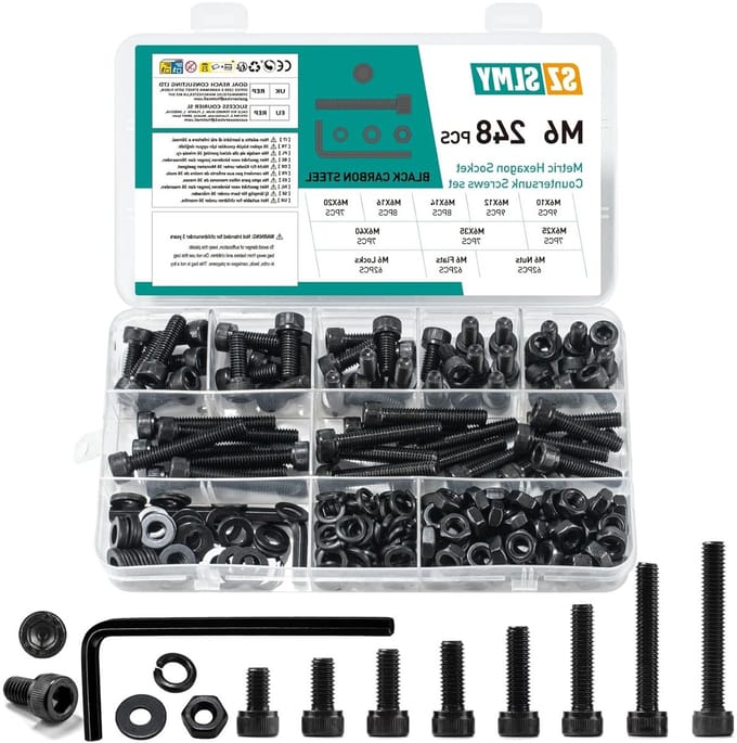 Complete Set van 248 Stuks M6 Schroeven, Moeren en Ringen - Zwarte Hex Socket Schroeven voor Diverse Toepassingen
