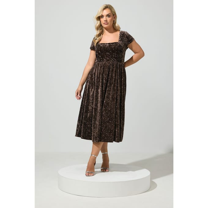 Yours Chocoladebruine Skaterjurk Van Gekreukt Fluweel Met Glitters Size 46