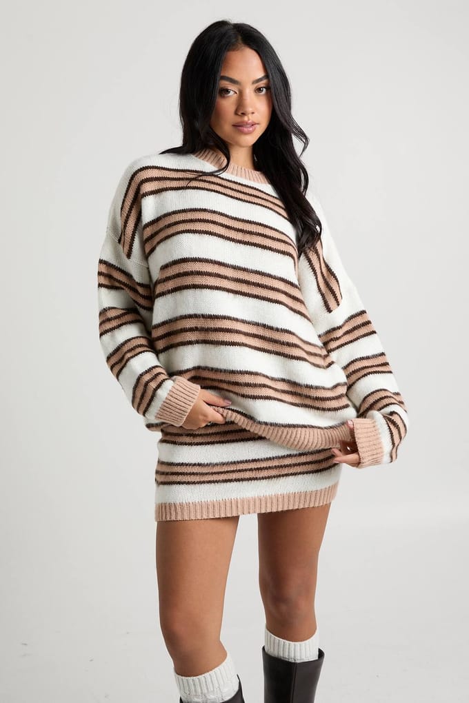 boohoo Dames Super zachte gestreepte oversized gebreide trui en mini-rok co-ord | Maat: Medium