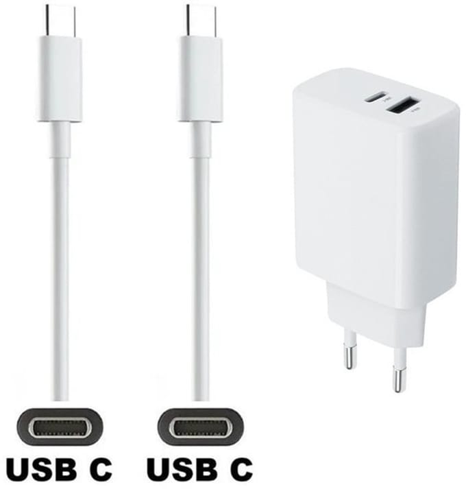 OneOne 25W super snellader met 2 poorten en screenprotector van glas voor iPhone 16e en iPhone 17e. Oplader met sterke 2,0m USB C naar C kabel. Krachtige witte PD PPS lader adapter. Screenprotector past op Apple iPhone 16e, iPhone 17e