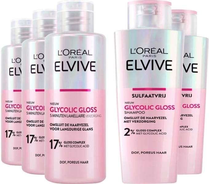 L'Oréal Elvive Glycolic Gloss - Shampoo 3 x 200 ml & Conditioner 2 x 200 ml - Pakket