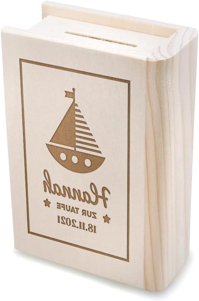 Gepersonaliseerde Spaarpot Boek - Spaarkas Spaarvarken - Geld Besparen - Met Wensgravure - 16.5 cm x 10.5 cm - Dessin Zeilboot