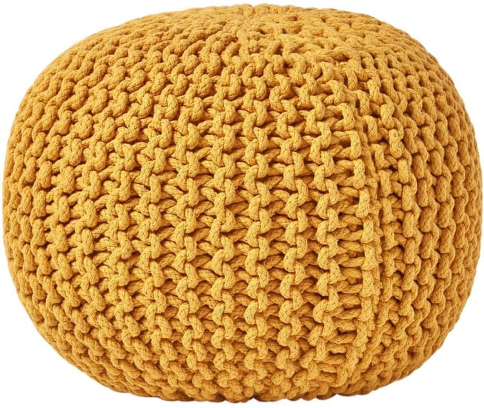 Homescapes Rond gebreide poef 100% katoen - mosterdgeel - 35x40 cm