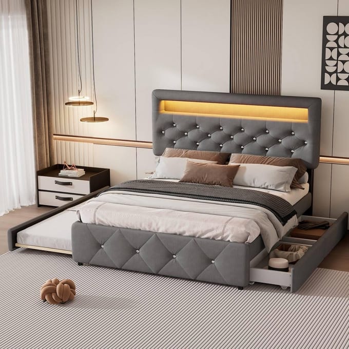 Tweepersoons gestoffeerd bed met uitschuifbed en lichtstrip - 140 x 200 cm