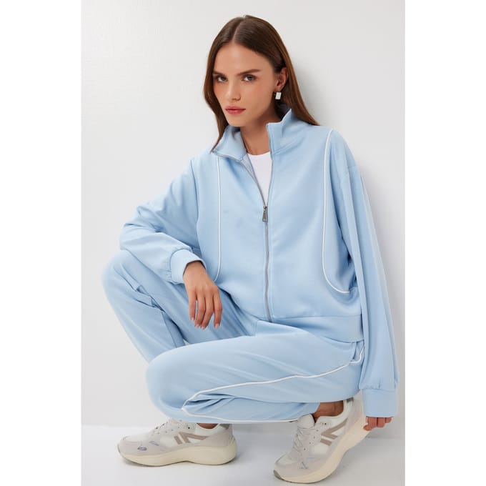 Contrast Binding Gedetailleerde Rits Sweater & Jogger Twee-Delige Set