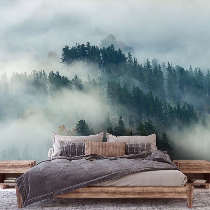 Fotobehang - Bomen - Mist - Bos - Landschap - Natuur - (312 x 219 cm)