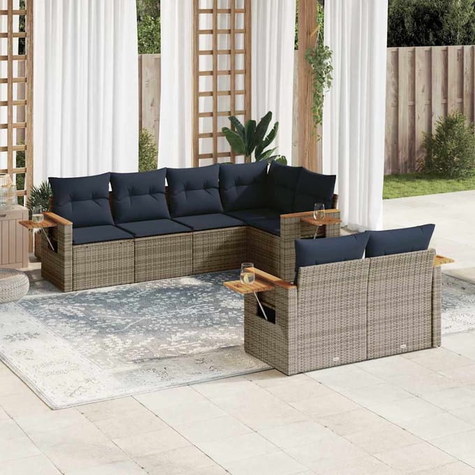 vidaXL - 7-delige - Loungeset - met - kussens - poly - rattan - grijs