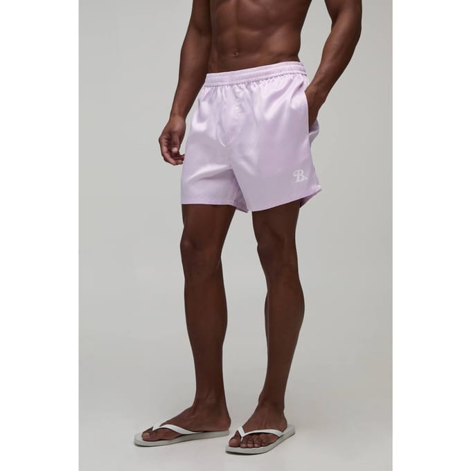 Relaxed fit Satin Boxer Style Embroidered Short | Lilac | Size Medium
