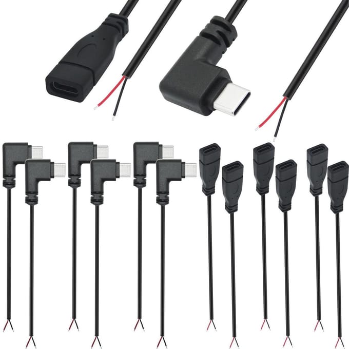 Dailygoody - 12pcs USB C Pigtail Kabels - 90 Graden - 30cm - DIY Power Cord