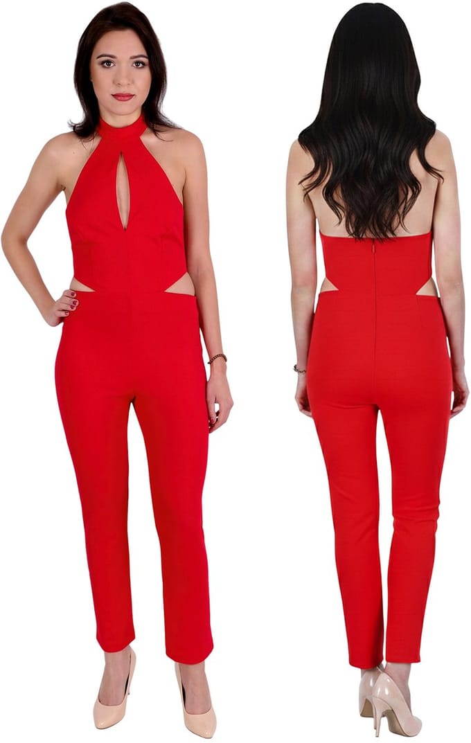 John Zack Dames jumpsuit ROOD met uitsnijding bij de halslijn, GEPASTE, ELEGANT