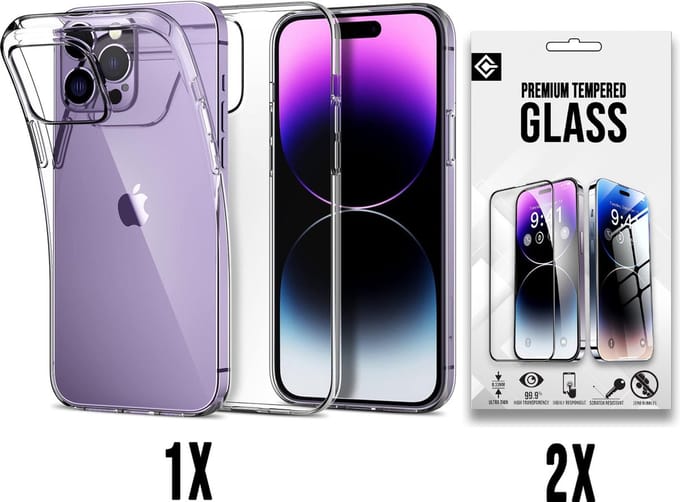 Casemania Hoesje Geschikt voor Apple iPhone 15 Pro Max - Transparant / 2X Glazen Screenprotector - Extra Stevig Siliconen Back Cover