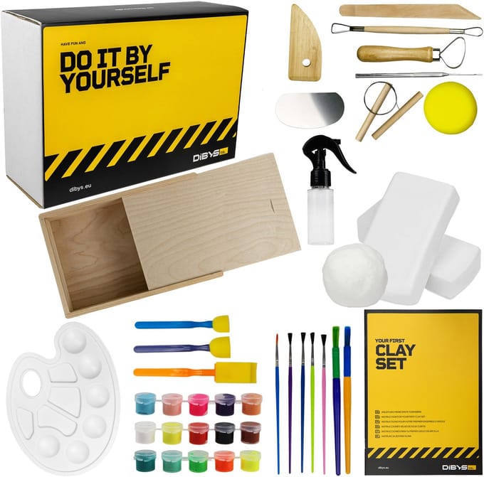 DIBYS BOETSEERSET VOOR KINDEREN WITTE KLEI + GEREEDSCHAP