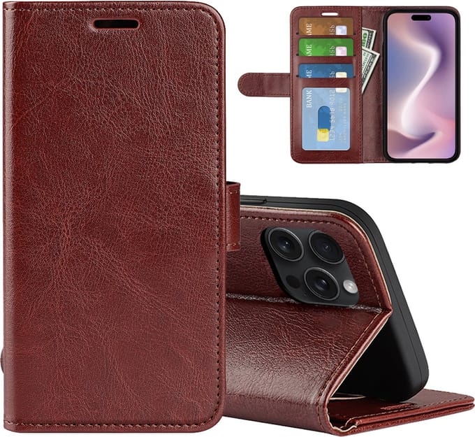 MobyDefend Hoesje - Geschikt voor iPhone 16 Pro Max - Wallet Book Case (Sluiting Achterkant) - Bruin