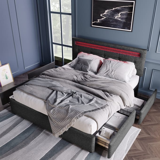 MODFU Tweepersoons Bedframe – 140x200 cm – LED & 4 Laden – Verstelbaar Hoofdbord – Linnen – Grijs