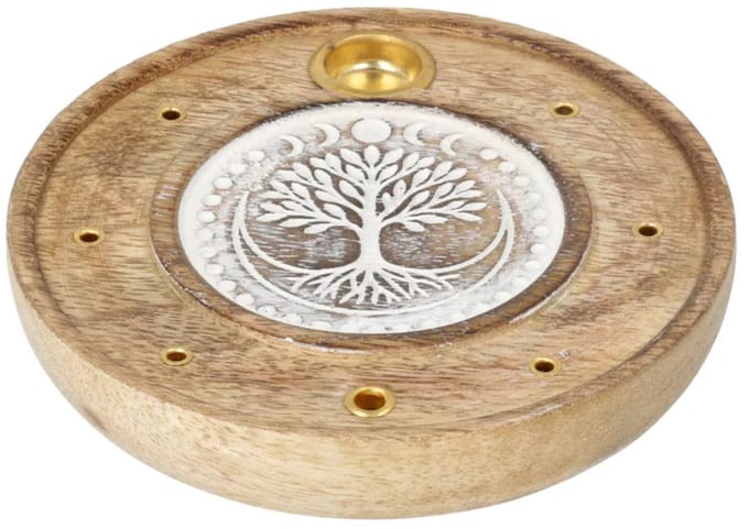 Ronde Wierookhouder Levensboom Mangohout Whitewash - Ø10 cm