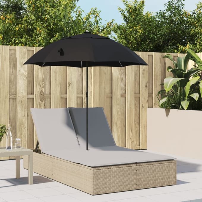 vidaXL - Ligbed - 2-persoons - met - kussens - en - parasol - poly - rattan - beige
