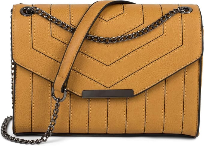 Dames Schoudertas met Decoratieve Stiksels en Ketting - Trendy Handtas in Curry
