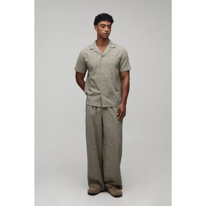 Cotton Embroidered Oversized Boxy Shirt & Extended Drawcord Baggy Trouser Set | Khaki | Size Medium