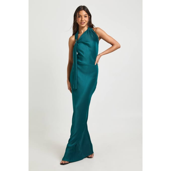 boohoo Dames Plisse Halter Detail Kolom Maxi Jurk | Teal | Maat: 8