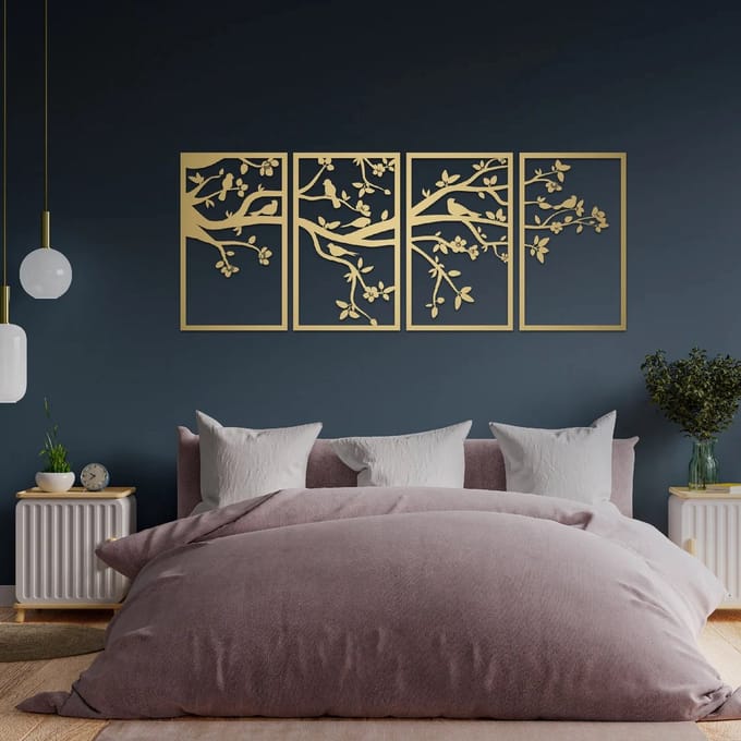 Metalen Wanddecoratie Levensboom Panelen – 3D Wandkunst – Goud – 98 x 250 cm – Set van 4