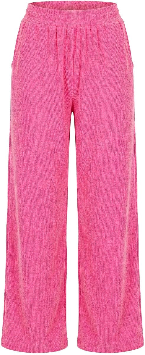 Studio Untold - Dames - Broek wijde pijpen structuur elastische tailleband - Neon roze - Maat 56