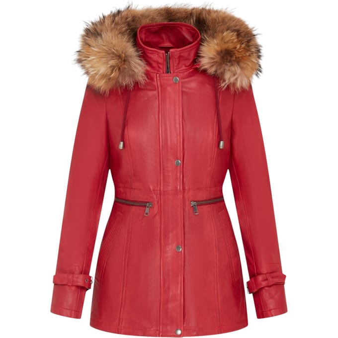 Dames rode warme leren parka met capuchon - Northwich