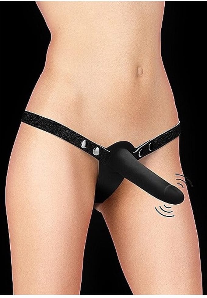 Ouch! Dual vibrating silicone ridged strap - on black