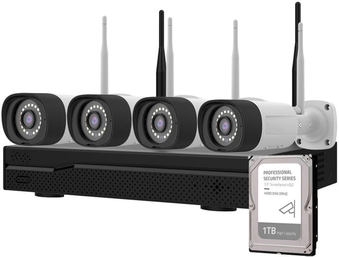 Set met 4 draadloze camera's eigen signaal 2 weg audio + 1TB