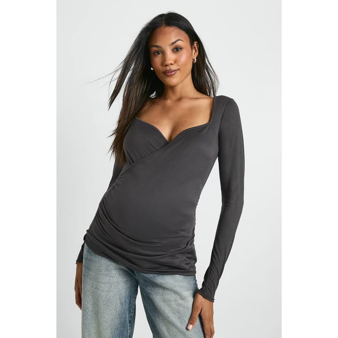 boohoo Dames ZWANGERSCHAP SUPERZACHTE WIKKELTOP | Charcoal | Maat: 12