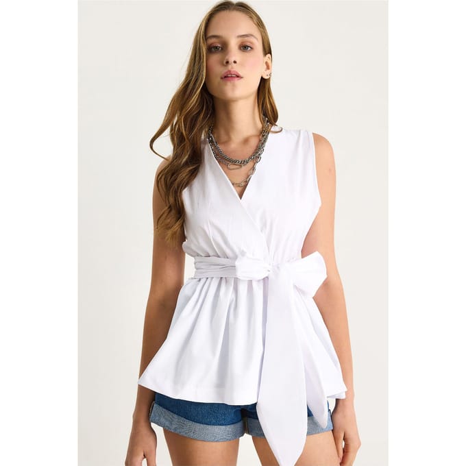 Lange Mouwloze V-hals Blouse met Striksluiting