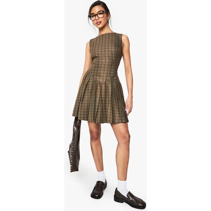 boohoo Dames Check Geruite Geplooide, Op Maat Gemaakte Jurk | Maat: 34