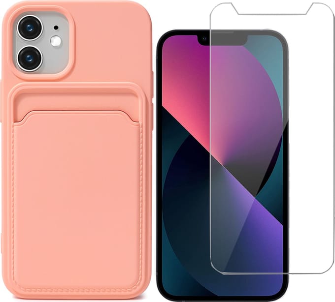 Hoesje Pasjeshouder geschikt voor iPhone 12 Mini Roze - Siliconen Case Back Cover + Screenprotector Glas