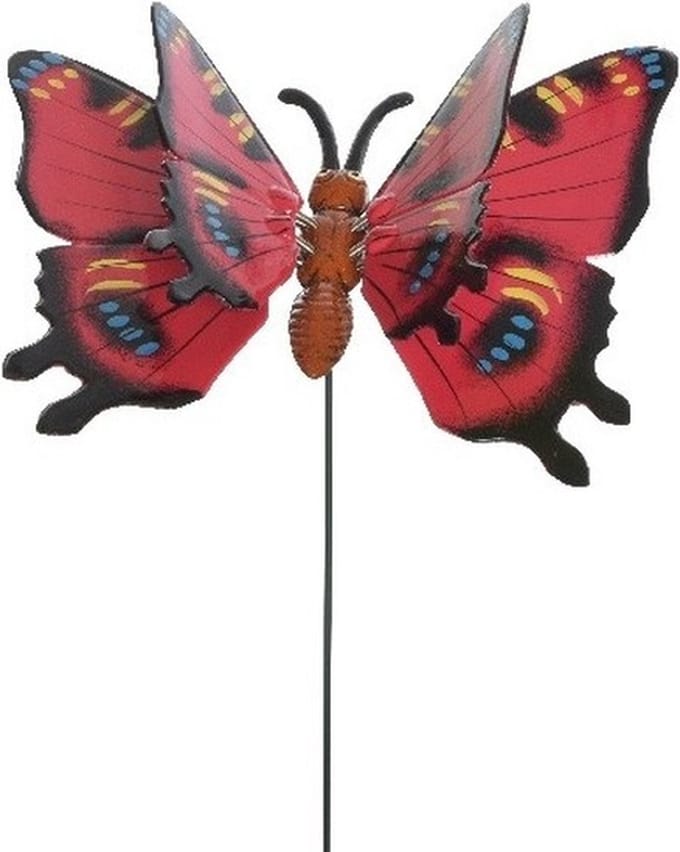 Decoris tuin deco vlinder op stok - rood - metaal - 17 x 60 cm - dieren decoraties - bewegend