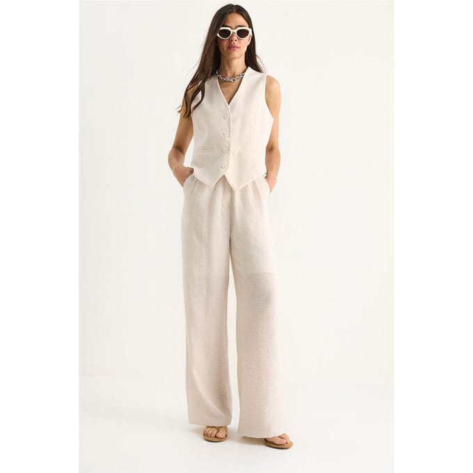 V-hals Vest en Wijde Pantalon Twee-delige Coord Set