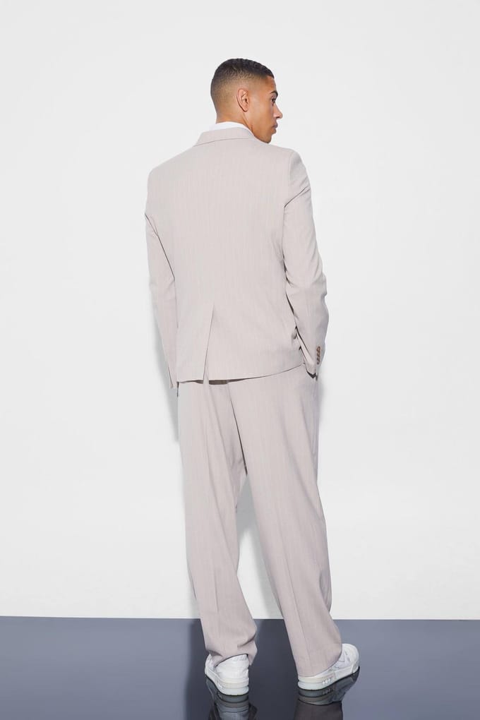 Relaxed Fit Double Breasted Pinstripe Blazer | Stone | Size 48